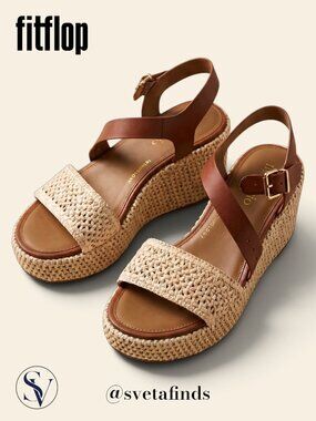 FitFlop Platfforms Woven Faux-Raffia Leather Wedge Sandals Tan Size 8